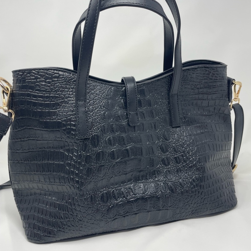 Black crocodile-pattern faux leather handbag set - Picture 3 of 5